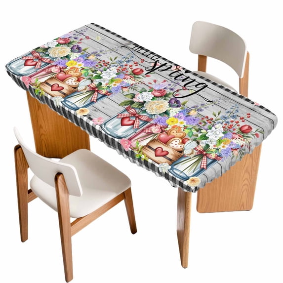 Spring Flowers Table Cloths for 5 Foot Rectangle Tables, Farmhouse Black Plaid Wood Grain Patio Waterproof Elastic Fitted Tablecloths, Washable Rectangular Table Cover for Camping