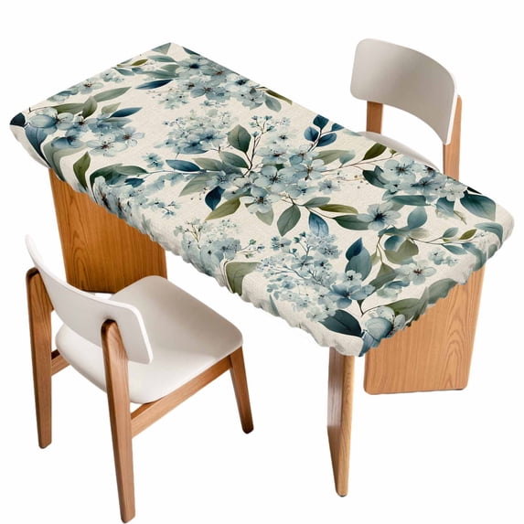 Spring Flowers Table Cloths for 5 Foot Rectangle Tables, Watercolor Floral Leaves Botanical Beige Patio Waterproof Elastic Fitted Tablecloths, Washable Rectangular Table Cover for Camping