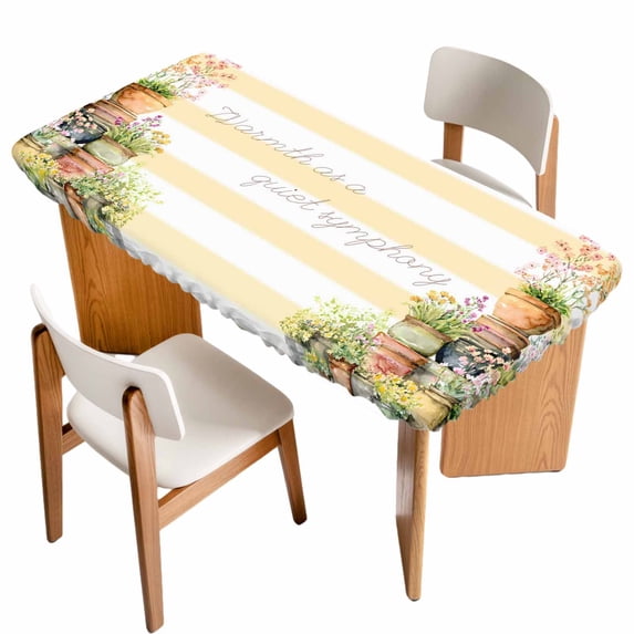 Spring Flowers Table Cloths for 6 Foot Rectangle Tables, Country Botanical Budding Floral Pot Stripes Patio Waterproof Elastic Fitted Tablecloths, Washable Rectangular Table Cover for Camping