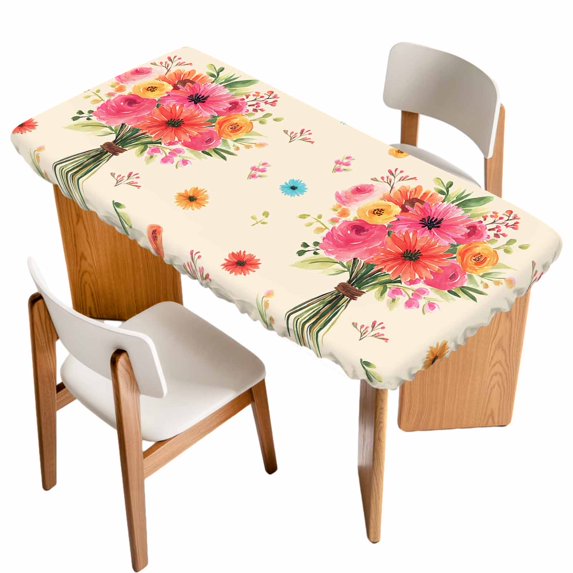 Spring Flowers Table Cloths for 6 Foot Rectangle Tables, Pastoral Daisy Leaves Country Botanical Beige Patio Waterproof Elastic Fitted Tablecloths, Washable Rectangular Table Cover for Camping