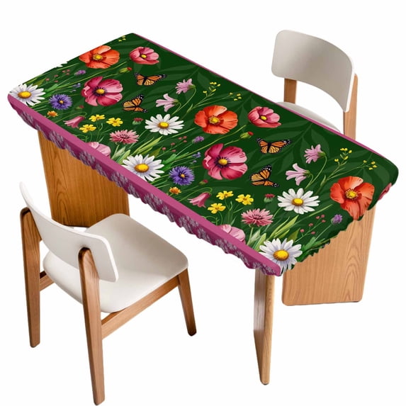 Spring Flowers Table Cloths for 6 Foot Rectangle Tables, Purple Boho Farmhouse Botanical Florals Patio Waterproof Elastic Fitted Tablecloths, Washable Rectangular Table Cover for Camping