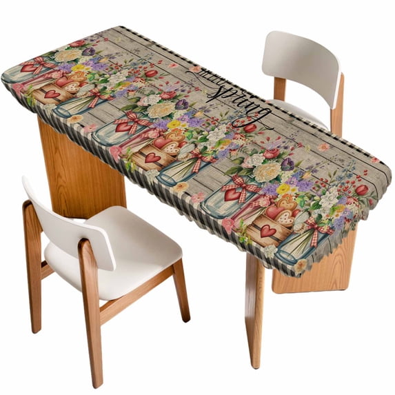 Spring Flowers Table Cloths for 8 Foot Rectangle Tables, Farmhouse Vintage Black Plaid Wood Grain Patio Waterproof Elastic Fitted Tablecloths, Washable Rectangular Table Cover for Camping