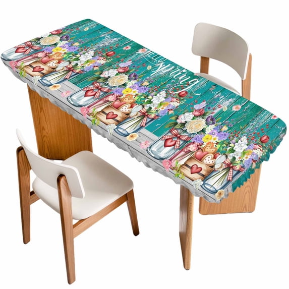 Spring Flowers Table Cloths for 8 Foot Rectangle Tables, Farmhouse Watercolor Teal Wood Grain Patio Waterproof Elastic Fitted Tablecloths, Washable Rectangular Table Cover for Camping