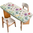 thumbnail image 1 of Spring Flowers Table Cloths for 8 Foot Rectangle Tables, Retro Boho Botanical Florals Butterfly Patio Waterproof Elastic Fitted Tablecloths, Washable Rectangular Table Cover for Camping, 1 of 8