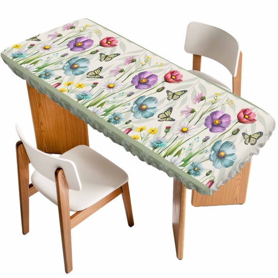 Spring Flowers Table Cloths for 8 Foot Rectangle Tables, Retro Boho Botanical Florals Butterfly Patio Waterproof Elastic Fitted Tablecloths, Washable Rectangular Table Cover for Camping