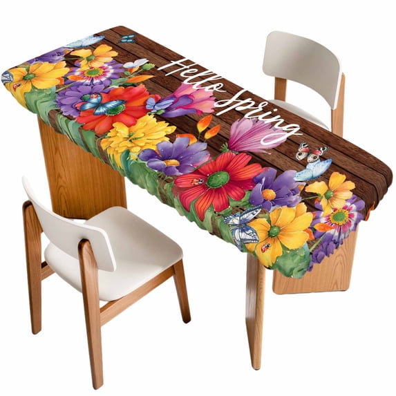 Spring Flowers Table Cloths for 8 Foot Rectangle Tables, Watercolor Farmhouse Colorful Wooden Grain Patio Waterproof Elastic Fitted Tablecloths, Washable Rectangular Table Cover for Camping