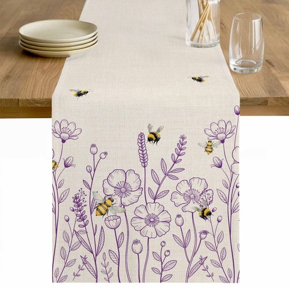 Spring Flowers Table Runner - 36 Inch Long Farmhouse Botanical Purple Floral Bees Cotton and Linen Blended Dress Scarves Farmhouse Table Runner for Kitchen Dining, Coffee Table, 13" x 36"