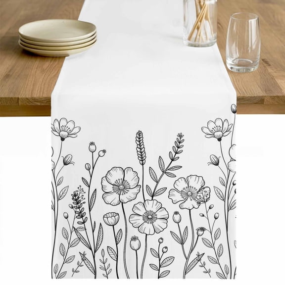 Spring Flowers Table Runner - 36 Inch Long Modern Simple Botanical Wildflowers Herbs Cotton and Linen Blended Dress Scarves Farmhouse Table Runner for Kitchen Dining, Coffee Table, 13" x 36"