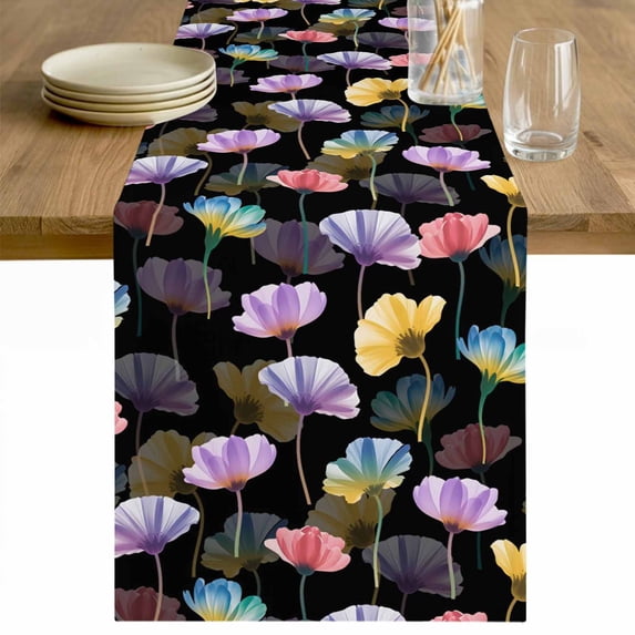 Spring Flowers Table Runner - 70 Inch Long Watercolor Floral Vintage Black Cotton and Linen Blended Dress Scarves Farmhouse Table Runner for Kitchen Dining, Coffee Table, 13" x 70"