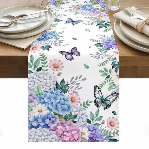 Spring Flowers Table Runner - 72 Inch Long, Kitchen Dining Table Runner Dresser Scarves, Watercolor Floral Butterflies Botanical Farmhouse Decor for Coffee Tables Wedding Party Banquet