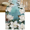 thumbnail image 1 of Spring Flowers Table Runner - 72 Inch Long White Magnolia Blossom Botanical Blue Green Cotton and Linen Blended Dress Scarves Farmhouse Table Runner for Kitchen Dining, Coffee Table, 13" x 72", 1 of 8