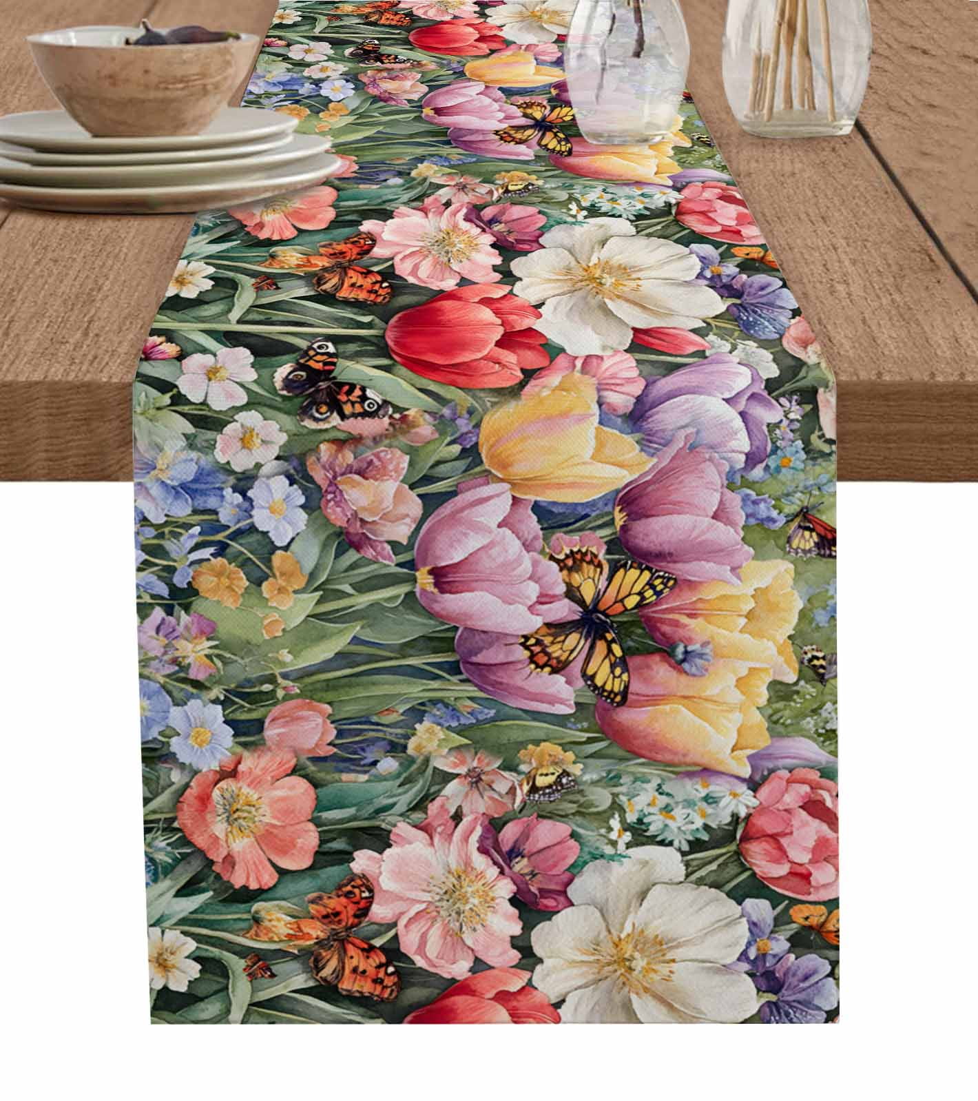 Spring Flowers Table Runner 72 Inches, Green Leaves Butterfly Country ...