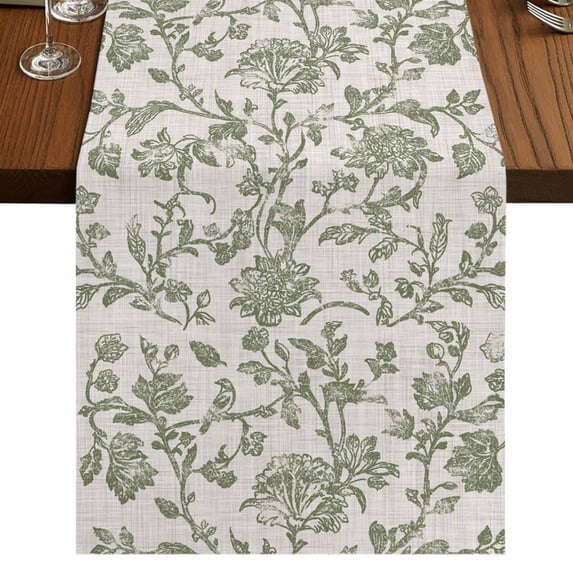 Spring Flowers Table Runner 72 Inches Long,Farmhouse Sage Green Pastoral Floral Leaf Cotton Linen Table Runners Dresser Scarves,Fabric Tabletop Scarf Furniture Cover for Home Dinner Party 13"x72"