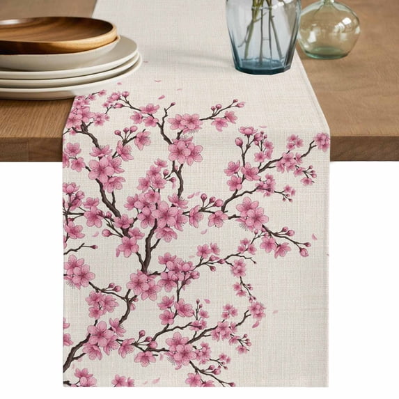 Spring Flowers Table Runner 72 Inches, Pink Cherry Blossom Branches Plants Beige Bed Runner Dresser Scarves Tabletop for Indoor Outdoor Parties/Ceremony/Banquet, 14" x 72"