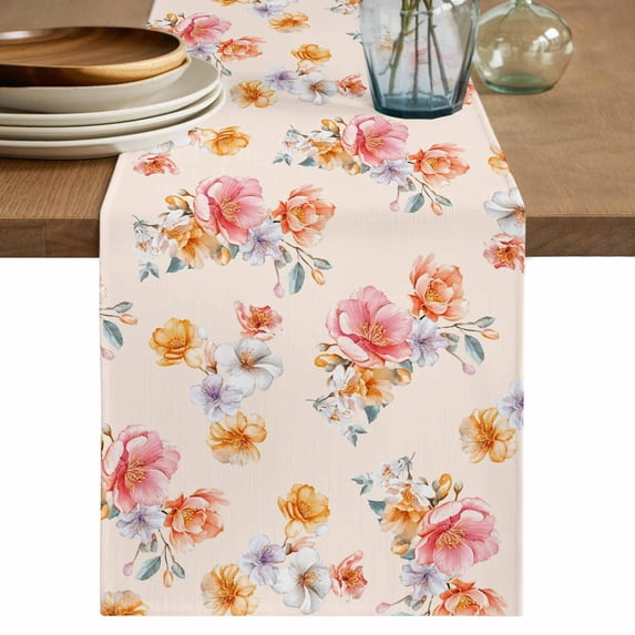 Spring Flowers Table Runner 72 Inches, Yellow Pink Floral Pastoral Botanical Bed Runner Dresser Scarves Tabletop for Indoor Outdoor Parties/Ceremony/Banquet, 18" x 72"