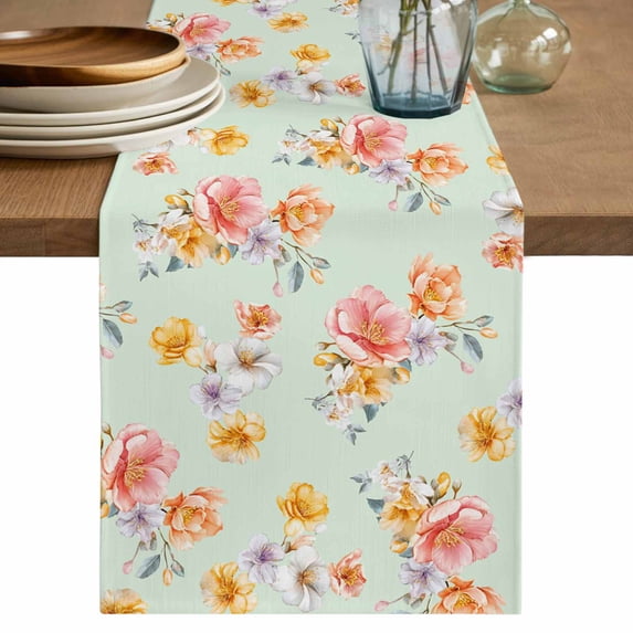 Spring Flowers Table Runner 72 Inches, Yellow Pink Floral Rustic Botanical Green Bed Runner Dresser Scarves Tabletop for Indoor Outdoor Parties/Ceremony/Banquet, 16" x 72"