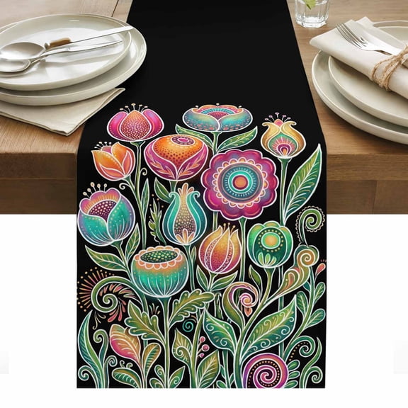 Spring Flowers Table Runner Boho Retro Lines Colorful Floral Leaf Black Table Runners Dresser Scarves Holiday Kitchen Dining Table Decoration for Home Party Indoor 13x48 Inch