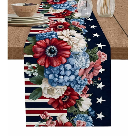 Spring Flowers Table Runner Cotton Linen 120 Inch Holiday Dresser Scarves, White Star Black Red Striped Art Tablerunner for Kitchen Coffee Dining Bedroom Living Room Dinner Scarf Décor 13''x120''