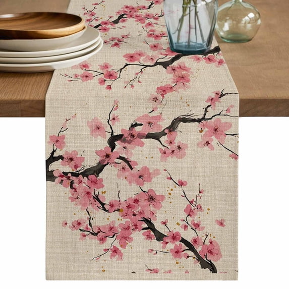 Spring Flowers Table Runner, Country Pink Peach Blossoms Botanical Floral Washable Cotton Linen Table Runners 48 Inches Long, Dresser Scarf Runner for Nightstand/Coffee/End Tables 13''x48''