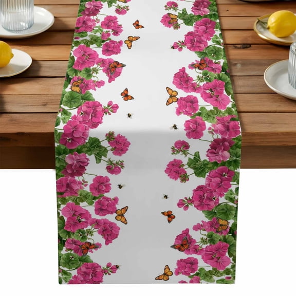 Spring Flowers Table Runner, Country Watercolor Pink Geranium Floral Leaf Butterfly Bee Washable Kitchen Table Runners Dress Scarves for Dining Table Decorations Party, 13x90in