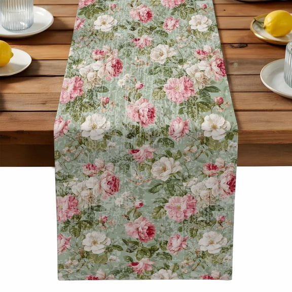 Spring Flowers Table Runner, Country Watercolor Red White Camellia Floral Leaf Green Washable Kitchen Table Runners Dress Scarves for Dining Table Decorations Party, 13x72in