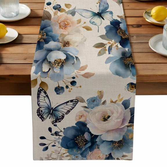 Spring Flowers Table Runner, Country Watercolor White Blue Floral Butterfly Linen Texture Washable Kitchen Table Runners Dress Scarves for Dining Table Decorations Party, 13x108in