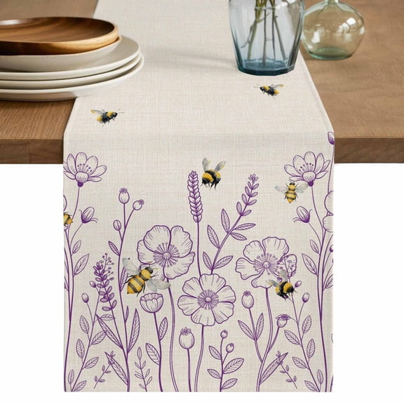 Spring Flowers Table Runner, Farmhouse Botanical Purple Floral Bees Washable Cotton Linen Table Runners 36 Inches Long, Dresser Scarf Runner for Nightstand/End Tables/Round Tables 13''x36''