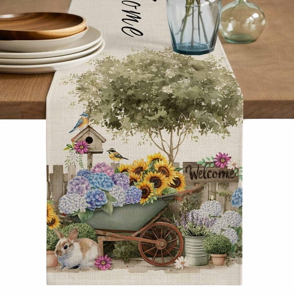 Spring Flowers Table Runner, Farmhouse Hydrangea Sunflowers Bunny on Linen Cotton Linen Table Runners 70 Inches Long, Dresser Scarf Runner for Dining/Kitchen/Coffee/TV Stands/Cabinets 13''x70''
