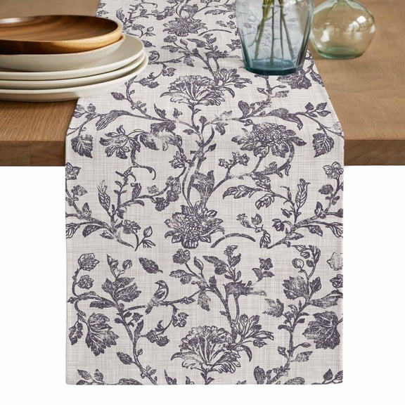 Spring Flowers Table Runner, Farmhouse Purple Pastoral Floral Leaf Washable Cotton Linen Table Runners 36 Inches Long, Dresser Scarf Runner for Nightstand/End Tables/Round Tables 13''x36''