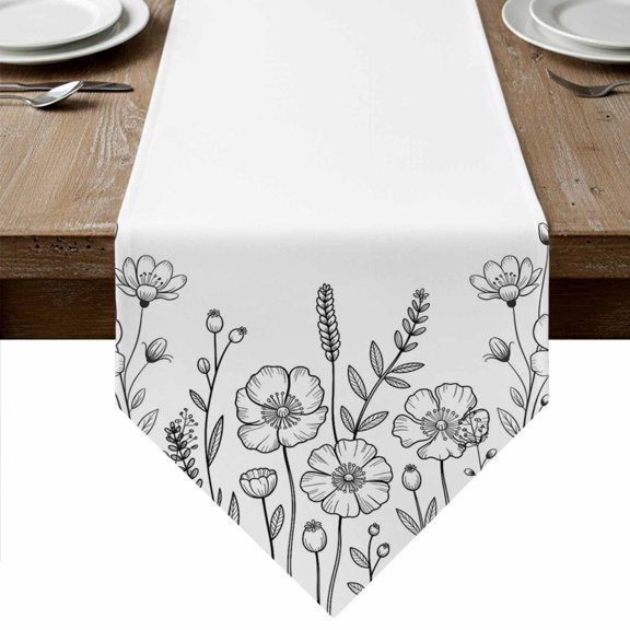 Spring Flowers Table Runner Linen Burlap Table Runner 36 Inches Small Modern Simple Botanical Wildflowers Herbs Dresser Scarves for Kitchen Island Coffee Dining Room Party Holiday Decor 13"x36"