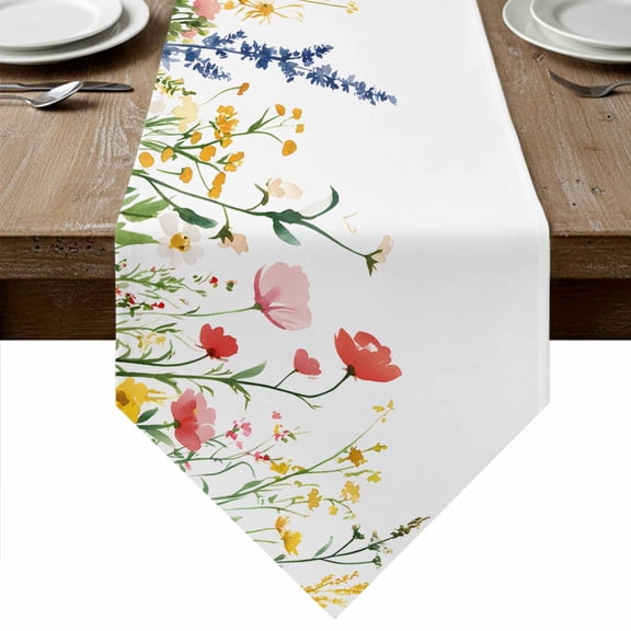 Spring Flowers Table Runner Linen Burlap Table Runner 36 Inches Small Simple Botanical Wildflowers Herbs Dresser Scarves for Kitchen Island Coffee Dining Party Wedding Banquet Holiday Decor 13"x36"