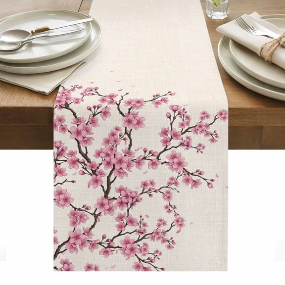 Spring Flowers Table Runner Pink Cherry Blossom Branches Plants Beige Tablerunners 13 x 36 Inch, Table Decorations Tabletop Scarf for Summer Gathering Holiday Farmhouse Kitchen Dining Decor