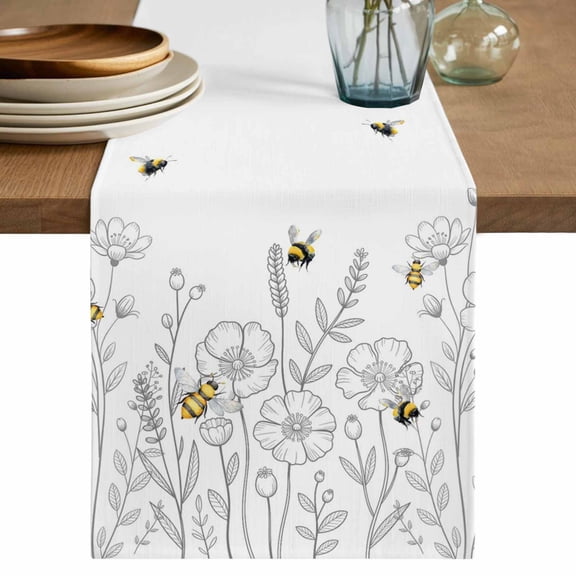 Spring Flowers Table Runner, Simple Botanical Floral Herbs Bees Washable Cotton Linen Table Runners 36 Inches Long, Dresser Scarf Runner for Nightstand/End Tables/Round Tables 13''x36''