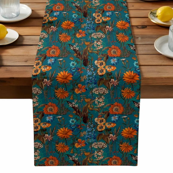 Spring Flowers Table Runner, Vintage Watercolor Orange Blue Floral Leaf Plant Peacock Green Washable Kitchen Table Runners Dress Scarves for Dining Table Decorations Party, 13x36in