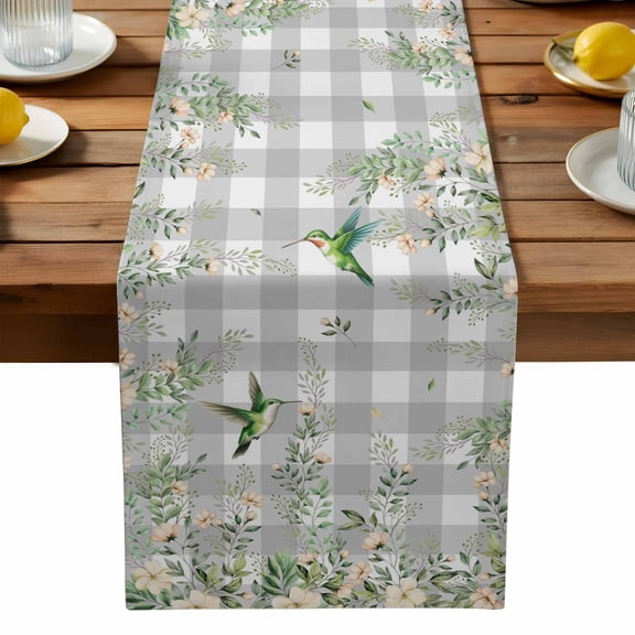 Spring Flowers Table Runner, Watercolor Beige Floral Falling Green Leaf Birds Grey Plaid Washable Kitchen Table Runners Dress Scarves for Dining Table Decorations Party, 13x108in