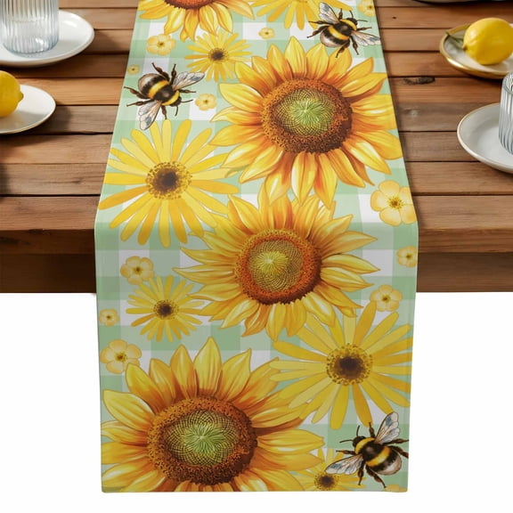 Spring Flowers Table Runner, Watercolor Country Yellow Daisy Sunflower Floral Bee Green Plaid Washable Kitchen Table Runners Dress Scarves for Dining Table Decorations Party, 13x36in