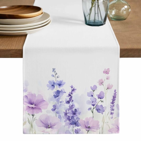 Spring Flowers Table Runner, Watercolor Idyllic Lavender Purple Plant Washable Cotton Linen Table Runners 36 Inches Long, Dresser Scarf Runner for Nightstand/End Tables/Round Tables 13''x36''
