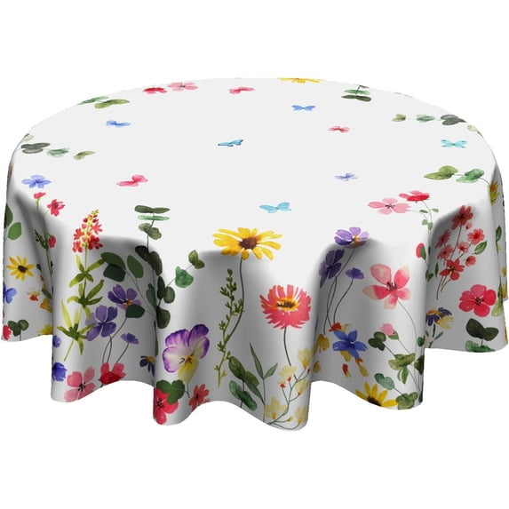Spring Flowers Tablecloth Butterfly Floral Round Tablecloth 60 Inch Summer/Spring Table Cloth for Farmhouse Kitchen Decor Polyester Fabric Spring Table Cover for Holiday Party Outdoor Camping