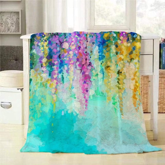 Spring Flowers Throw Blanket Hand Oil Painted Violet Yellow and Red Spring Flowers in Soft Color Decorative Soft Warm Cozy Flannel Plush Throws Blankets for Bedding Sofa Couch 60 X 80 Inch