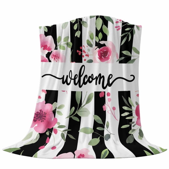 Spring Flowers Throw Flannel Blanket Welcome Pink Floral Green Leaf Plack Stripes Super Soft Cozy Bed Blanket, Lightweight Plush Fuzzy Bed Throw for Bedroom Sofa Couch Living Room 30x40In,