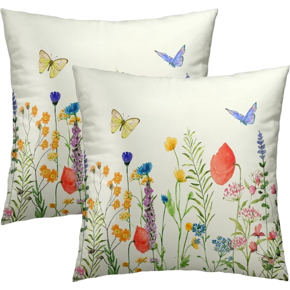 Spring Flowers Throw Pillow Cover 16x16 Inch Pack of 2 Spring/Summer Flowers Cushion Pillow Case Square Cotton Butterfly Floral Pillowcase for Holiday Party Bed Sofa Home Car Bedroom Outdoor