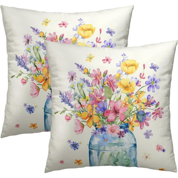 Spring Flowers Throw Pillow Cover 16x16 Inch Pack of 2 Watercolor Floral and Butterfly Cushion Pillow Case Square Cotton Flower and Leaves Pillowcase for Spring Party Bed Sofa Home Car Bedroom Outdoor
