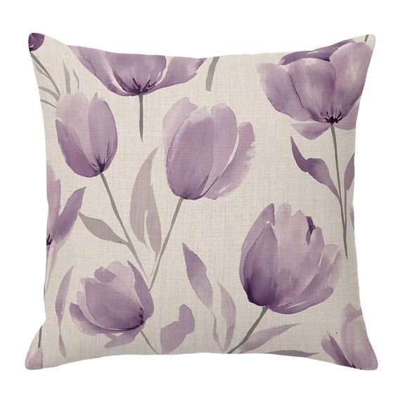 Spring Flowers Throw Pillow Cover Purple Tulip Flower Cotton Linen Cushion Cover Throw Pillow Case with Invisible Zipper for Couch Sofa Bed Chair Car 20x20 Inch
