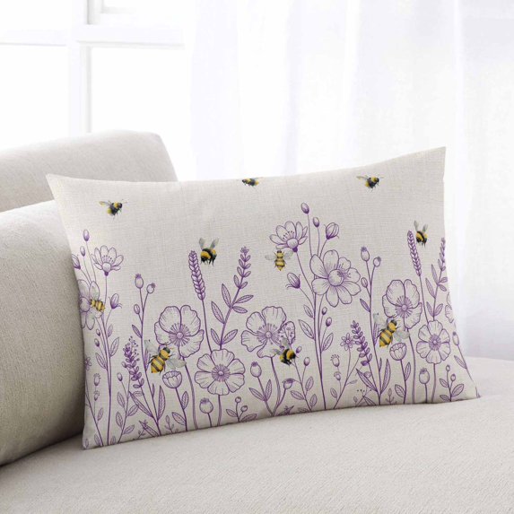 Spring Flowers Throw Pillow Covers, Farmhouse Botanical Purple Floral Bees Soft Breathable Pillow Cases with Invisible Zipper for Sleeping, Toddler Pillowcases for Couch Bed Sofa Chair 12x20 Inches