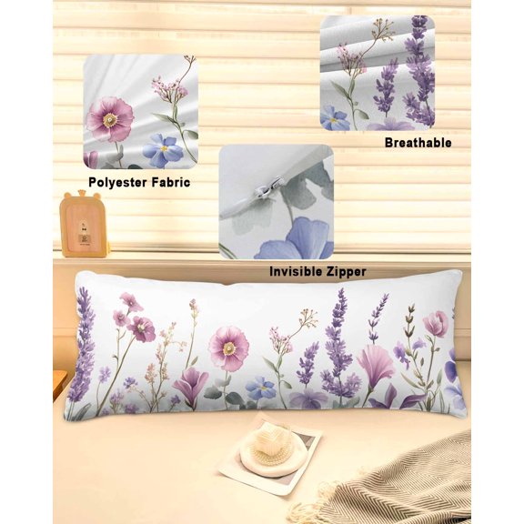Spring Flowers Throw Pillow Covers, Idyllic Lavender Botanical Blossom Motif Soft Breathable Pillow Cases with Zipper for Sleeping, Long Body Pillowcases for Couch Bed Sofa Chair 20x60 Inches