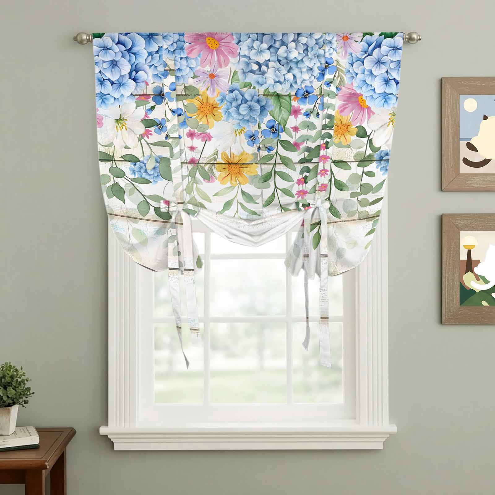 Kitchen Window Springtime Spring Flowers Tie Up Curtain 45 Inches Long, Watercolor Blue Pink ...