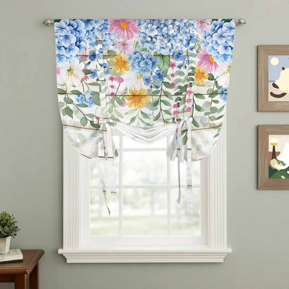 Spring Flowers Tie Up Curtain 45 Inches Long, Watercolor Blue Pink Yellow Hydrangeas Floral Leaf Wood Grain Balloon Style Kitchen Window Curtain Over Sink, Small Window Rod Pocket Curtain 42"x45"