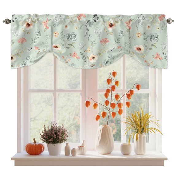 Spring Flowers Tie Up Valance Curtains for Windows, Kitchen Curtains Window Treatments, Green Farmhouse Floral Leaves Branches Short Window Shades Valances for Bedroom Bathroom Cafe 42"x18"