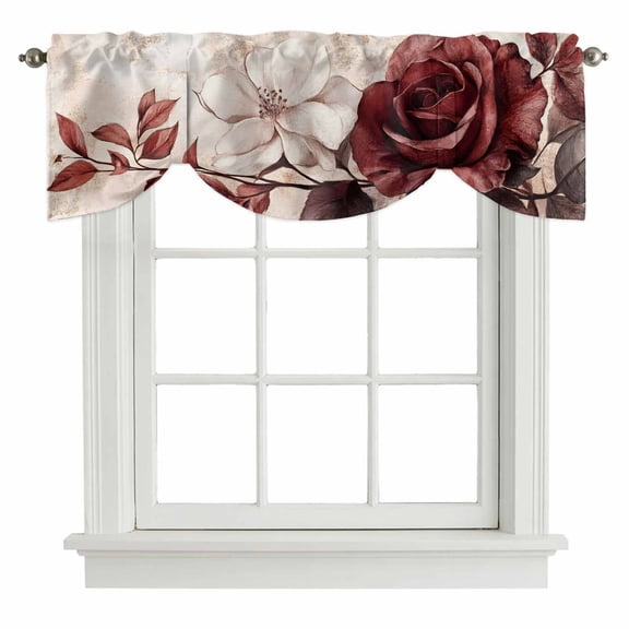 Spring Flowers Tie Up Valance for Windows, Retro Rose Adjustable Rod Pocket Tie Up Valance Curtains Window Treatment for Kitchen Bathroom Bedroom 60 X 18 Inch