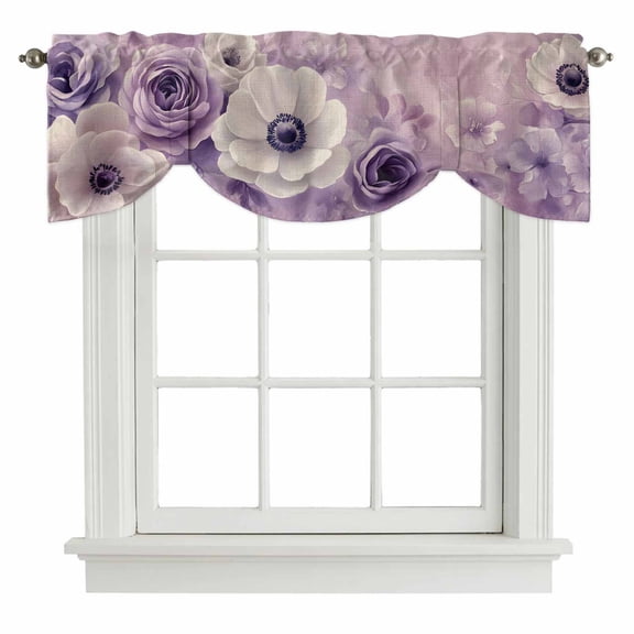 Spring Flowers Tie Up Valance for Windows, Watercolor Purple White Rose Daisy Floral Leaf Purple Background Adjustable Rod Pocket Tie Up Valance Curtains for Kitchen Bathroom Bedroom 42 X 12 Inch